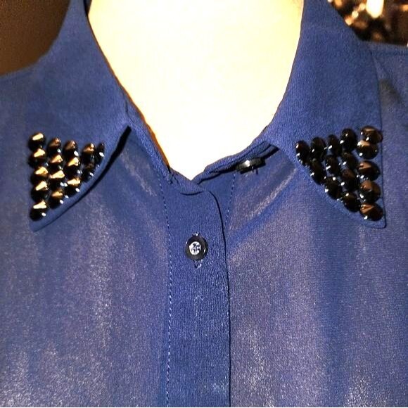 Moon Collection NWT Sheer Navy Beaded Long Sleeve Button Front Blouse Size XL - Picture 5 of 11